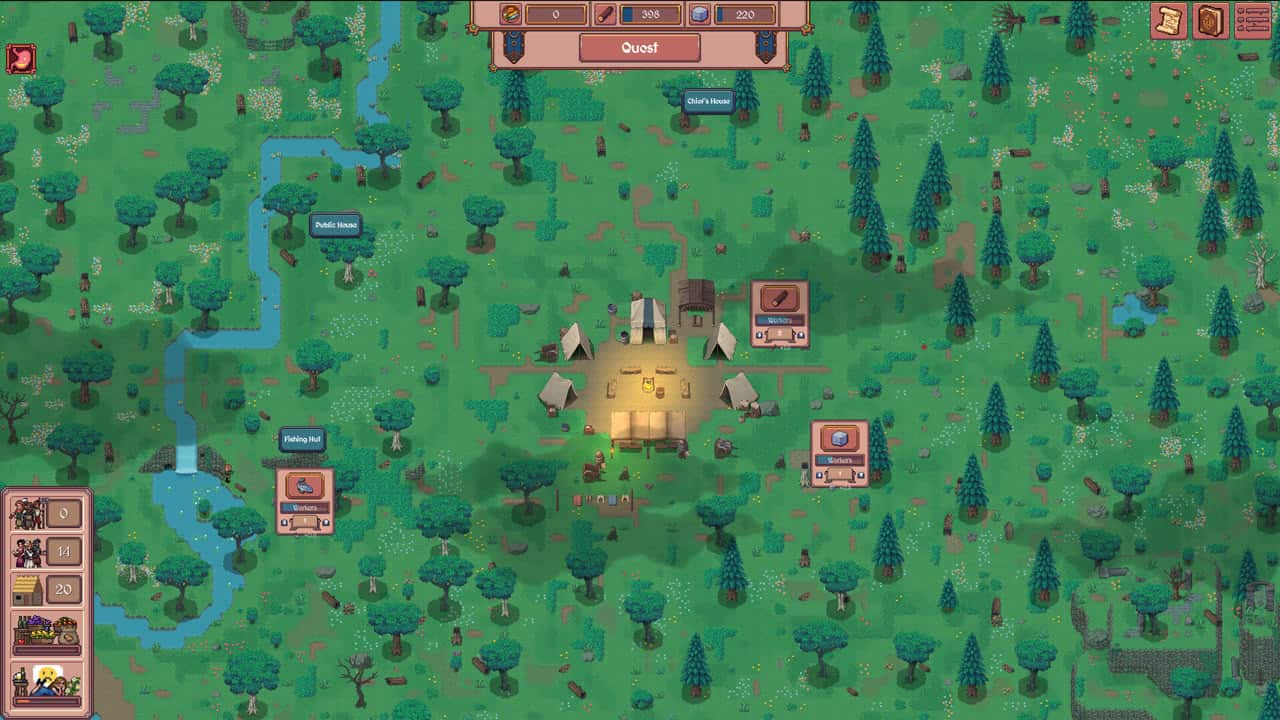 Early Hearth and Hamlet camp with resource bar, quest button, worker panels, fishing hut, and tents