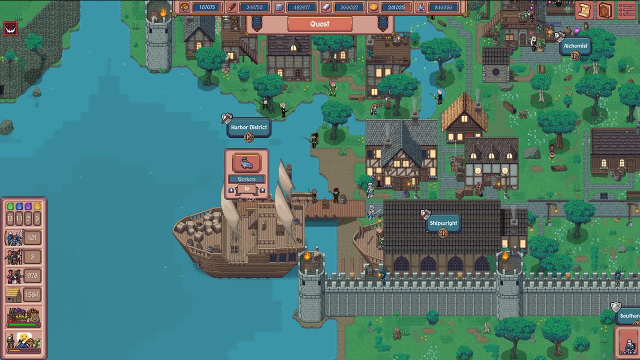 Developed riverside kingdom with harbor, walls, workers, and resource controls in Hearth and Hamlet