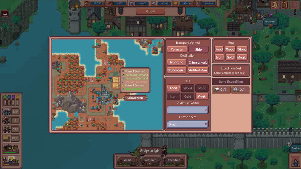 Mature Hearth and Hamlet settlement with Build, Research, and Expedition controls around a trade map